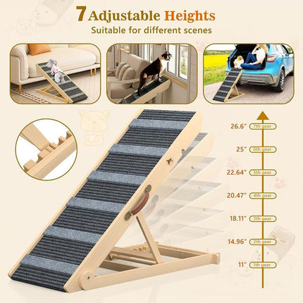 【September Restock】Aowos Dog Ramp for Bed, Folding Wooden Pet Ramp for Small Large Dogs Cats, 7 Adjustable Height from 10.8" to 26.6", Portable Stable Dog Pet Steps for Car Couch High Bed, Supports up to 200Lbs