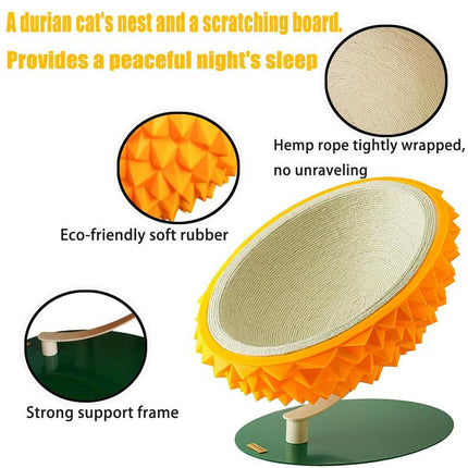 Durian Shape Cat Scratching Bed - Cute and Sturdy 3-In-1 Cat House - Comfortable Sisal Rope Scratching Board for Claw Care and Resting