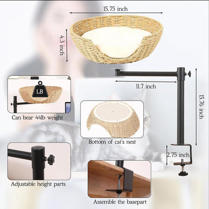 Cat Desk Bed, 360°Rotating & Adjustable Cat Bed for Desk, Desk Cat Nest Bed Max Load 50 Lbs, Soft Pet Bed with Pet Mat Indoor Cat Furniture for Office Desks, Game Tables