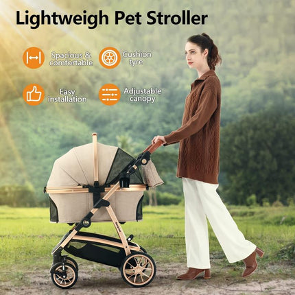 Kenyone Pet Stroller 3 in 1 for Medium Small Size Dogs Luxury Large Cat Stroller Detachable Carrier for Puppy, Kitty, Doggie