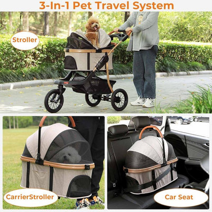 Sikaic Pet Stroller One-Click Folding Frame Traveling Strolling Cart Khaki Carrier