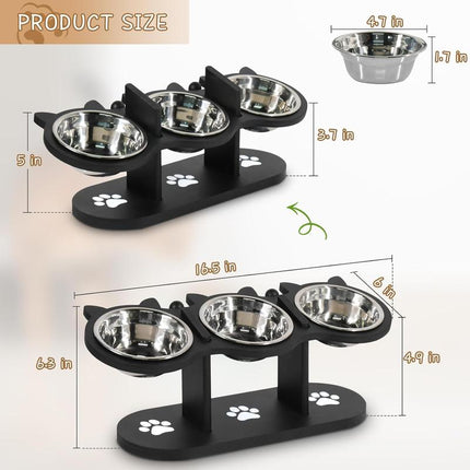 Raised Cat Food Bowls for Indoor Cats, Elevated Cat Bowls,Adjustable Heights Pet Bowl with Black Shelf,3 Stainless Steel Elevated Cat Bowls Stand with 15 ° Tilted,Cat Food and Water Bowl Setcat Food Bowl Slow Feeder Bowl