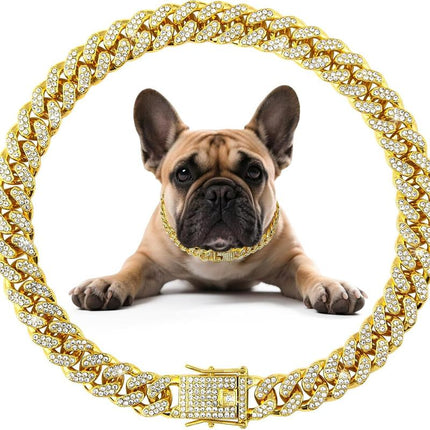 Dog Chain Diamond Collar Walking Metal Chain Necklace with Secure Buckle Pet Cuban Style Collar Jewelry Accessories for Small Medium Large Dog Cats