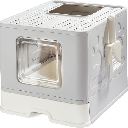 Foldable Cat Litter Box with Lid, Large Top Entry Anti-Splashing with Cat Litter Scoop, Enclosed Plastic Kitty Litter Box with Drawer Type Easy Clean Cat Litter Pan-Gray