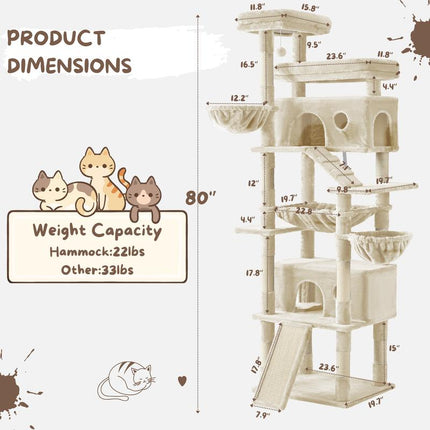 Purrfest 80 Inch Tall Cat Tree Tower for Indoor Cats/Large Cat Tree with Hammock, Scratching Posts & Perches/Big Multi-Level Cat Tower for Large Adult Cats
