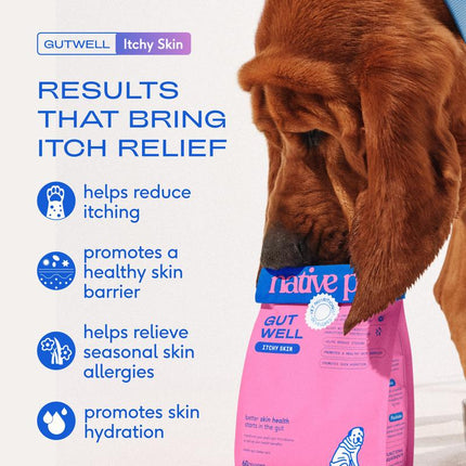 Native Pet Gutwell Itchy Skin Relief for Dogs - Dog Allergy & anti Itch Skin Irritation Treatment - Promotes Skin Hydration, Elasticity & Healthy Barrier with Triple-Biotic Blend, Zinc, & Vitamin E - 60 Scoops