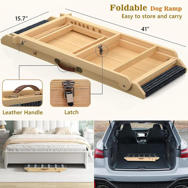 【September Restock】Aowos Dog Ramp for Bed, Folding Wooden Pet Ramp for Small Large Dogs Cats, 7 Adjustable Height from 10.8" to 26.6", Portable Stable Dog Pet Steps for Car Couch High Bed, Supports up to 200Lbs