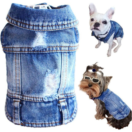 Dog Jean Jacket, Blue Denim Shirt Classic Lapel Vest Coat Costume Puppy T-Shirt, Comfort Tank Top Cool Apparel, Washed Pet Clothes for Dogs Boy Girl (With D-Ring, Medium)