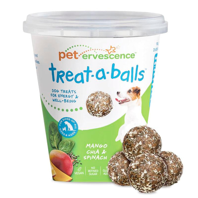 Peteverscence Treat-A-Balls Dog Training Treats - Healthy Low Calorie Vegan Treats for Small to Large Dogs - 18 Mango Chia Spinach Coated Balls - New Zealand Made
