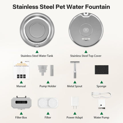 Round One Cat Water Fountain Stainless Steel - 3.2L/108Oz Pet Water Fountain for Cats Indoor - Automatic Pet Watering Dispenser (1 Filter)