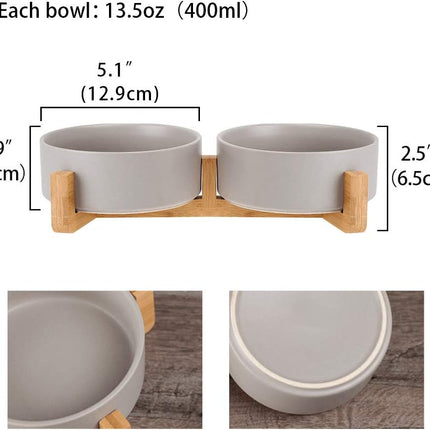 Grey Ceramic Cat Dog Bowl Dish with Wood Stand No Spill Pet Food Water Feeder Cats Small Dogs Set of 2