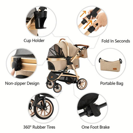 Kenyone Pet Stroller 3 in 1 for Medium Small Size Dogs Luxury Large Cat Stroller Detachable Carrier for Puppy, Kitty, Doggie