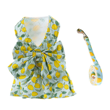 Dog Dress with Bowknot Harness & Leash Set – Floral Princess Outfit for Small Dogs & Cats, Breathable Spring/Summer Pet Clothes