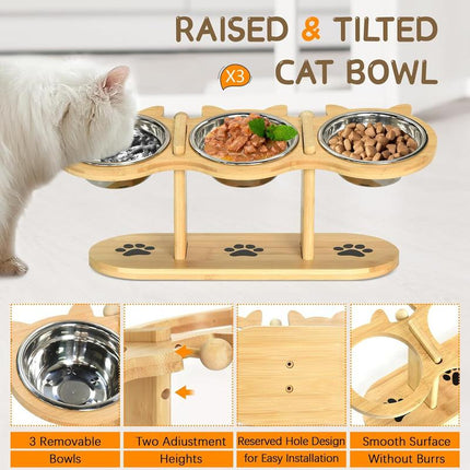 Raised Cat Food Bowls for Indoor Cats, Elevated Cat Bowls,Adjustable Heights Pet Bowl with Black Shelf,3 Stainless Steel Elevated Cat Bowls Stand with 15 ° Tilted,Cat Food and Water Bowl Setcat Food Bowl Slow Feeder Bowl