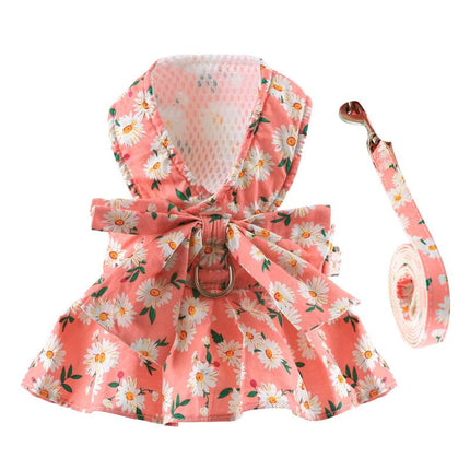 Dog Dress with Bowknot Harness & Leash Set – Floral Princess Outfit for Small Dogs & Cats, Breathable Spring/Summer Pet Clothes