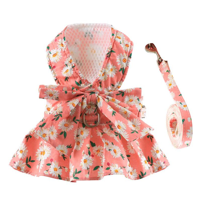Dog Dress with Bowknot Harness & Leash Set – Floral Princess Outfit for Small Dogs & Cats, Breathable Spring/Summer Pet Clothes