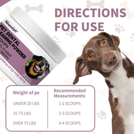 Niwedah Pet Dental Cleaning Powder - 30 Scoops for Dogs - Reduces Plaque & Improves Breath - Natural Herbal Blend & Postbiotics - Safe & Easy to Use