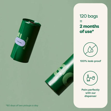 Earth Rated Lavender Scented Dog Poop Bags - 120 Count Leak-Proof Extra-Thick Refill Rolls for Big & Small Dogs - Eco-Friendly Recycled Plastic - Portable Poop Bag Dispenser Essential