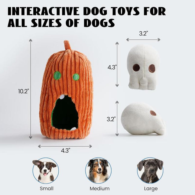 Nocciola 4 Packs Burroween Dog Toys for Halloween,Christmas Gift,Spooky Pumpkin Burrow with 3 Squeaky Skulls,Hide and Seek Dog Toys