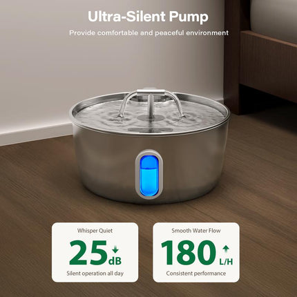 Round One Cat Water Fountain Stainless Steel - 3.2L/108Oz Pet Water Fountain for Cats Indoor - Automatic Pet Watering Dispenser (1 Filter)