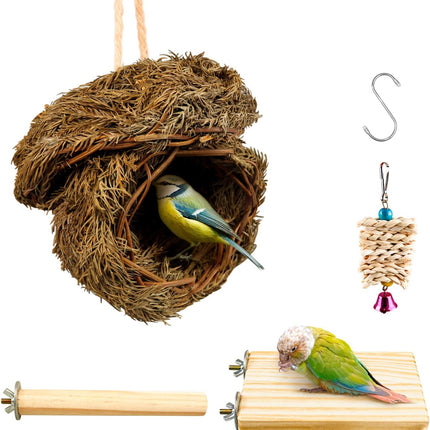 Hummingbird Bird Nest, Handwoven Straw Grass Hanging Bird Hut Grass Woven Parakeet Breeding Cave Cozy Resting Place Sparrow House for Cockatiel Parrots Parakeet Conures Finch (H02)