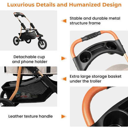 Sikaic Pet Stroller One-Click Folding Frame Traveling Strolling Cart Khaki Carrier
