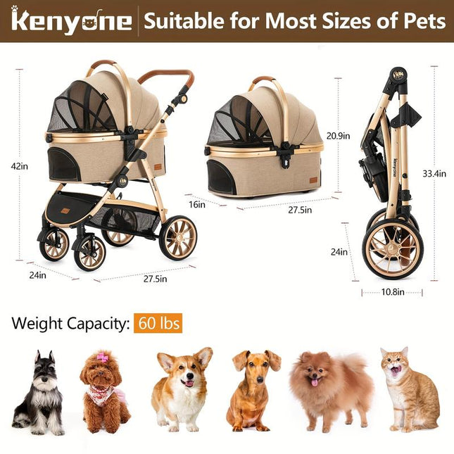Kenyone Pet Stroller 3 in 1 for Medium Small Size Dogs Luxury Large Cat Stroller Detachable Carrier for Puppy, Kitty, Doggie