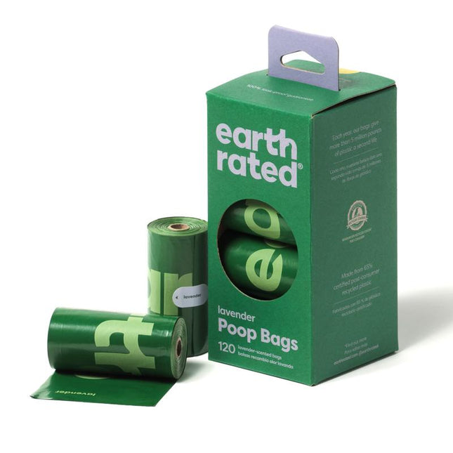 Earth Rated Lavender Scented Dog Poop Bags - 120 Count Leak-Proof Extra-Thick Refill Rolls for Big & Small Dogs - Eco-Friendly Recycled Plastic - Portable Poop Bag Dispenser Essential
