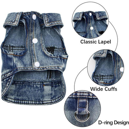 Dog Jean Jacket, Blue Denim Shirt Classic Lapel Vest Coat Costume Puppy T-Shirt, Comfort Tank Top Cool Apparel, Washed Pet Clothes for Dogs Boy Girl (With D-Ring, Medium)