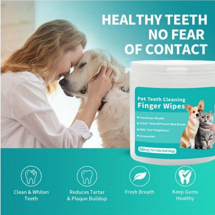 Pet Dental Cleaning Finger Wipes for Dogs & Cats - 50 Pcs, Safe Formula with Tea Polyphenol, Unscented, Fresh Breath, Oral Care Wipes Grooming Cleaner Toothbrush