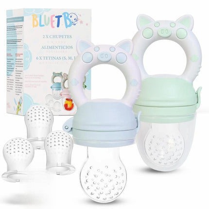 Baby Fruit Feeder Pacifier Bpa-Free Silicone Baby Food Feeder for Self Feeding Teething Relief - 4+ Months 6 Silicone Nipples - 2 Pack Fresh Fruit Pacifier Frozen Teether - Blue & Green