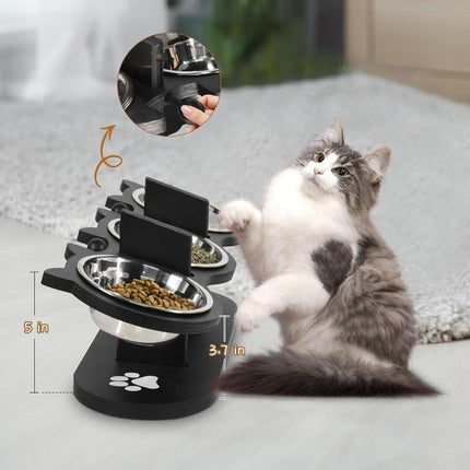 Raised Cat Food Bowls for Indoor Cats, Elevated Cat Bowls,Adjustable Heights Pet Bowl with Black Shelf,3 Stainless Steel Elevated Cat Bowls Stand with 15 ° Tilted,Cat Food and Water Bowl Setcat Food Bowl Slow Feeder Bowl