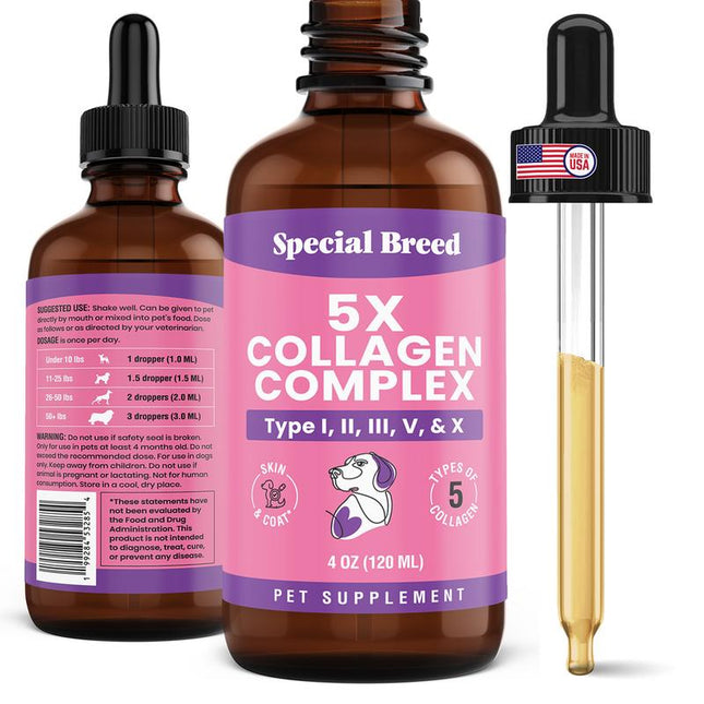 Premium Collagen for Dogs - 5X Types I, II, II, V & X Collagen Liquid Support for Joints, Skin, Coat, Bone, Immune System & HIPS - Collagen Supplement - Made in USA - 4Oz