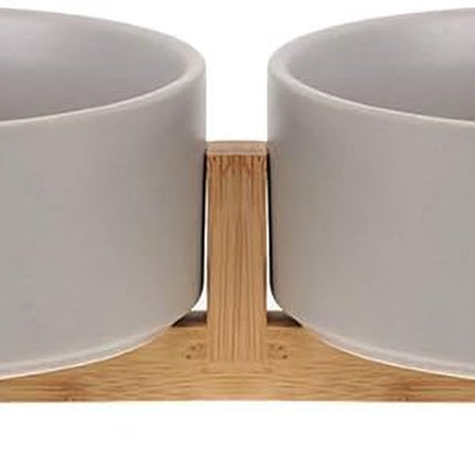 Grey Ceramic Cat Dog Bowl Dish with Wood Stand No Spill Pet Food Water Feeder Cats Small Dogs Set of 2