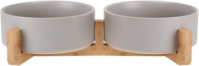 Grey Ceramic Cat Dog Bowl Dish with Wood Stand No Spill Pet Food Water Feeder Cats Small Dogs Set of 2