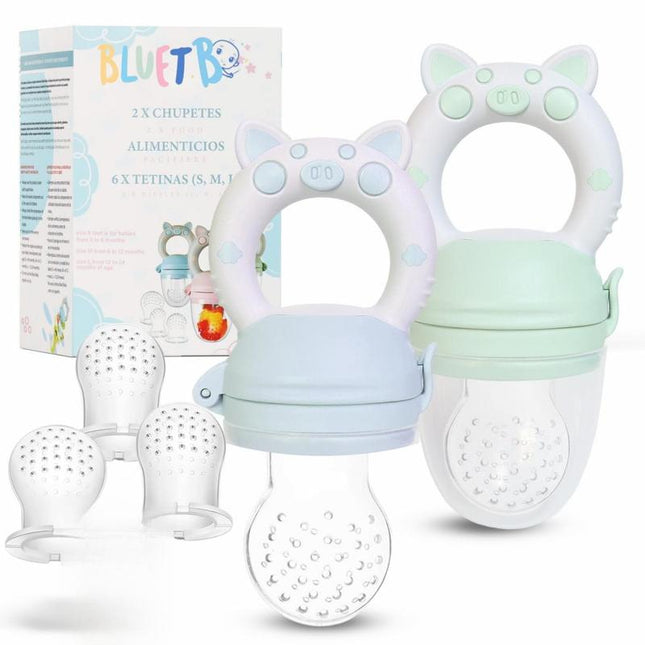 Baby Fruit Feeder Pacifier Bpa-Free Silicone Baby Food Feeder for Self Feeding Teething Relief - 4+ Months 6 Silicone Nipples - 2 Pack Fresh Fruit Pacifier Frozen Teether - Blue & Green