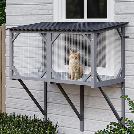 LEMBERI Cat Window Box, 43.3" Catio Outdoor Cat Enclosure for Sunbathing, Napping & Overlooking, Sturdy Window Perch for Large Indoor Cats - All Weather Use, Nature Friendly Design