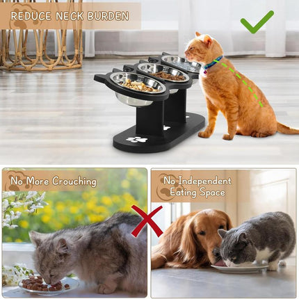 Raised Cat Food Bowls for Indoor Cats, Elevated Cat Bowls,Adjustable Heights Pet Bowl with Black Shelf,3 Stainless Steel Elevated Cat Bowls Stand with 15 ° Tilted,Cat Food and Water Bowl Setcat Food Bowl Slow Feeder Bowl