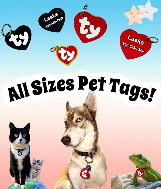 Personalized Heart Shaped Pet Tag Custom Engraved Dog Tags Available in Small & Large Sizes with Key Ring & Heart Stickers