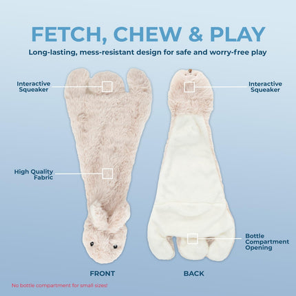 2-In-1 Stuffless Squeaky Dog Toys with Soft, Durable Fabric for Small, Medium, and Large Pets, No Stuffing for Indoor Play, Holds a Plastic Bottle - Hare, Medium