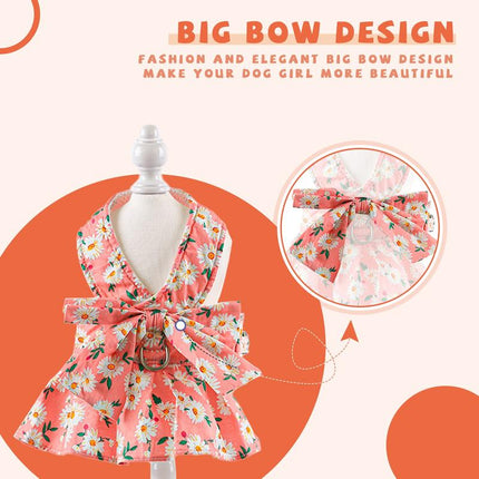 Dog Dress with Bowknot Harness & Leash Set – Floral Princess Outfit for Small Dogs & Cats, Breathable Spring/Summer Pet Clothes