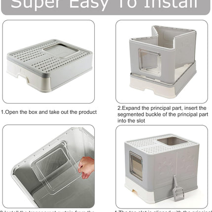 Foldable Cat Litter Box with Lid, Large Top Entry Anti-Splashing with Cat Litter Scoop, Enclosed Plastic Kitty Litter Box with Drawer Type Easy Clean Cat Litter Pan-Gray