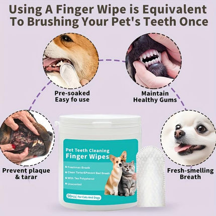 Pet Dental Cleaning Finger Wipes for Dogs & Cats - 50 Pcs, Safe Formula with Tea Polyphenol, Unscented, Fresh Breath, Oral Care Wipes Grooming Cleaner Toothbrush