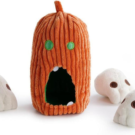 Nocciola 4 Packs Burroween Dog Toys for Halloween,Christmas Gift,Spooky Pumpkin Burrow with 3 Squeaky Skulls,Hide and Seek Dog Toys