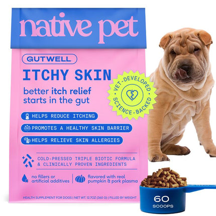 Native Pet Gutwell Itchy Skin Relief for Dogs - Dog Allergy & anti Itch Skin Irritation Treatment - Promotes Skin Hydration, Elasticity & Healthy Barrier with Triple-Biotic Blend, Zinc, & Vitamin E - 60 Scoops