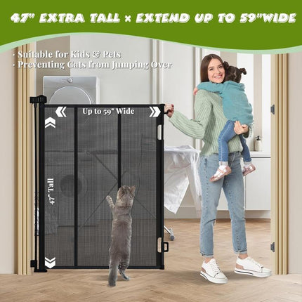 SMONTER 47" Extra Tall Retractable Baby Gates, Extends to 59" Wide, Extra Tall Retractable Safety Gate with Reinforced Strips, Retractable Tall Dog Gates for Doorways Mesh Baby Pet Gates Indoor
