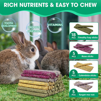 JOREWOOD 33PCS Rabbit Chew Sticks, Mixed Natural Timothy Hay Flower Rose Dahlberg Daisy and Forget-Me-Not Chew Toys Treats for Bunny Chinchilla Guinea Pig Hamster and Other Small Pets Molar Snacks