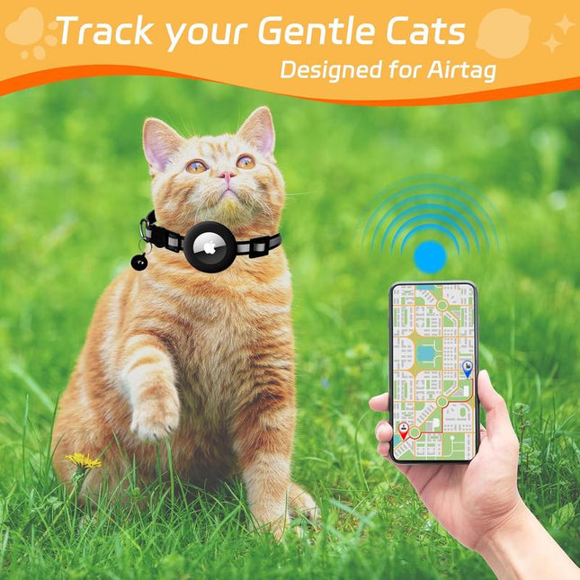 Cat Collar with Air Tag Holder, Reflective Kitten Collar with Bell, Breakaway Airtag Cat Collar for Boys Girls Cats, GPS Tracker for Cats 0.4’’ Width Adjustable Safe Kitty Collar, Black