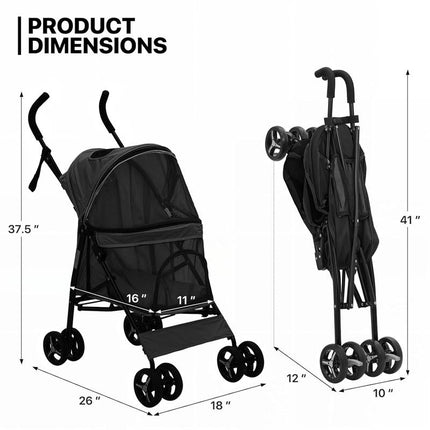 4 Wheels Pet Stroller, Easy-Fold Puppy Cage Jogger Stroller with Sun Cover, Pad and Rear Storage Bag, Breathable and Visible Mesh for Small/Medium Pets up to 22 Lbs, Black Cattravel Comfy Carrier with Washable Bed