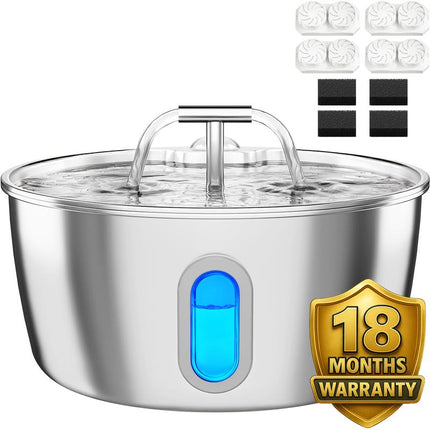 Round One Cat Water Fountain Stainless Steel - 3.2L/108Oz Pet Water Fountain for Cats Indoor - Automatic Pet Watering Dispenser (1 Filter)